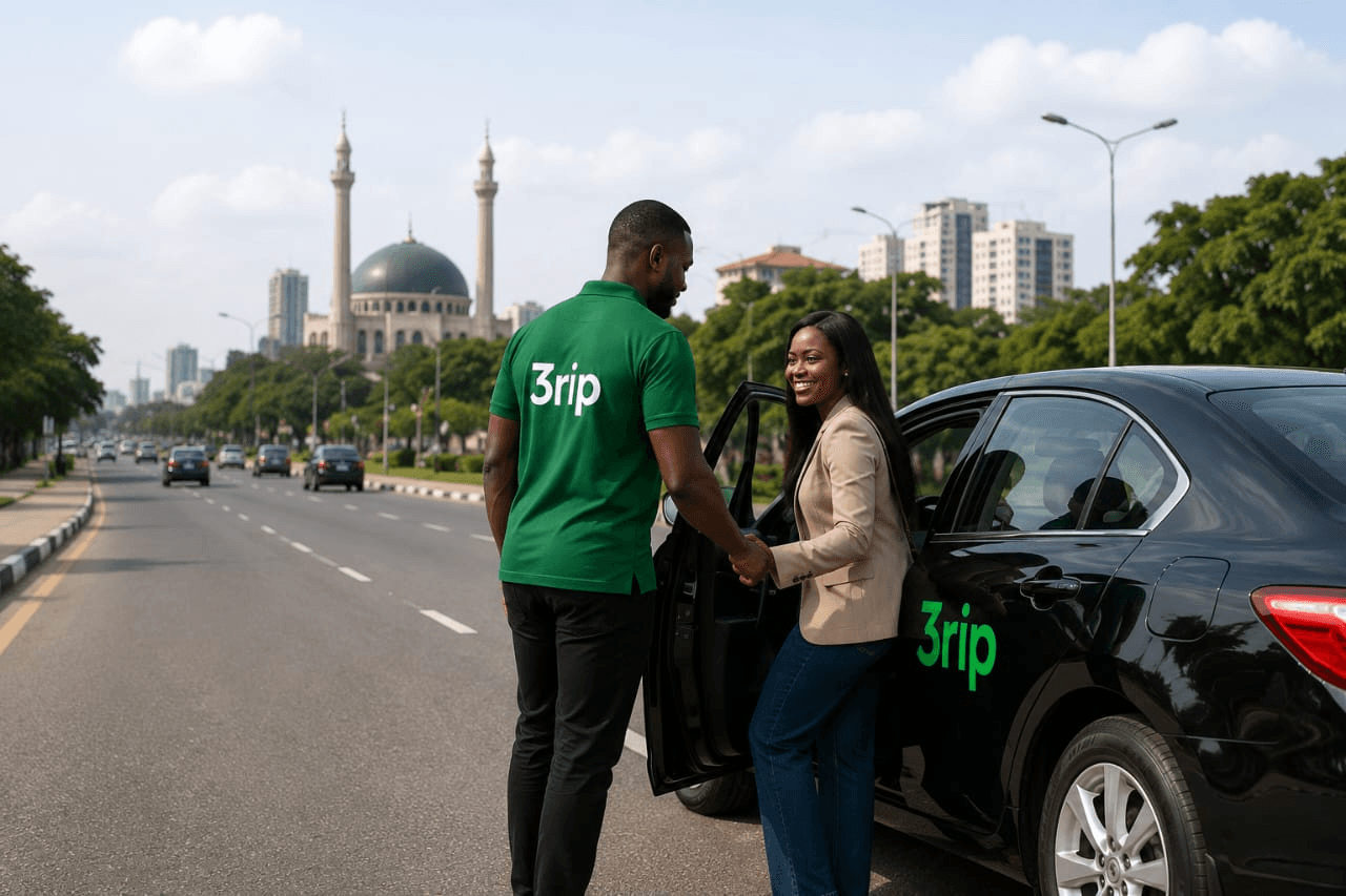 3rip verified local driver opening car door for passenger in Abuja Nigeria